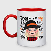 Чашка с принтом двухцветная «Девочка с зашитым ртом - праздник Хеллоуин» (цвет чашки на выбор)