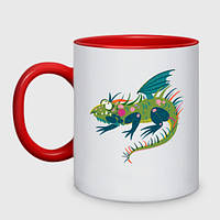 Чашка с принтом двухцветная «Забавный зеленый дракон ящерица символ 2024 года» (цвет чашки на выбор)