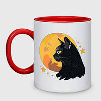 Чашка с принтом двухцветная «Чёрная кошка на фоне луны» (цвет чашки на выбор)