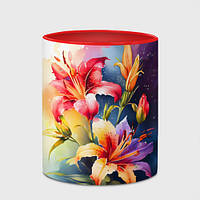 Чашка с принтом «Лилии яркая акварель» (цвет чашки на выбор)
