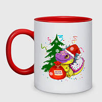 Чашка с принтом двухцветная «Новогодний дракон желает счастья» (цвет чашки на выбор)