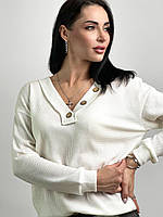 Женский пуловер с пуговицами, классический, трикотаж вафелька | Женская кофта с v-образным вырезом | Норма