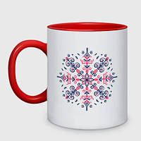 Кухоль з принтом двоколірна «Червоно чорна сніжинка за мотивами мезенського розпису» (колір чашки на вибір)
