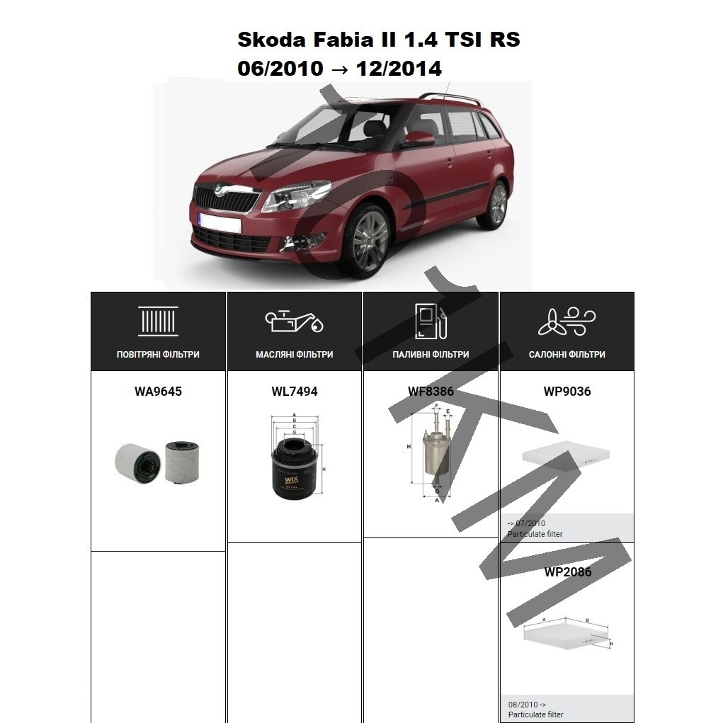 Комплект фільтрів Skoda Fabia II 1.4 TSI RS (2010-2014) WIX