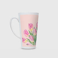 Чашка с принтом Латте «Розовые весенние тюльпаны»