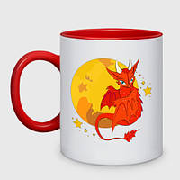 Чашка с принтом двухцветная «Красный дракон на фоне луны» (цвет чашки на выбор)