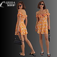 Женское летнее платье мини в цветочный принт. Летнее мини-платье в цветочек с кулиской и завязками, оранжевое L