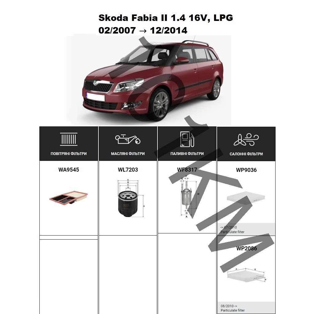 Комплект фільтрів Skoda Fabia II 1.4 16v, LPG (2007-2014) WIX