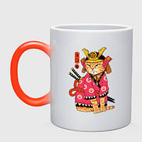 Кухоль з принтом хамелеон «Японський кіт самурай у кімоно» (колір чашки на вибір)