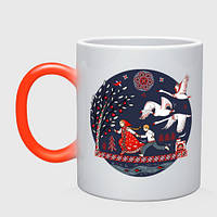 Чашка с принтом хамелеон «Сказка Гуси - лебеди в стиле мезенской росписи» (цвет чашки на выбор)