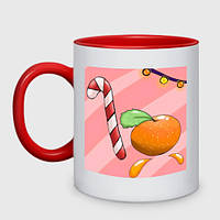 Чашка с принтом двухцветная «Рождественская карамельная трость и мандарин - Новый год» (цвет чашки на выбор)