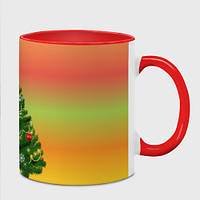 Чашка с принтом «Ёлка новогодняя украшенная на ярком разноцветном фоне» (цвет чашки на