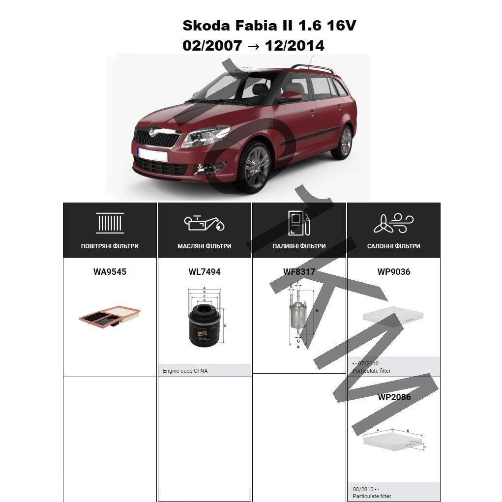 Комплект фільтрів Skoda Fabia II 1.6 16V (2007-2014) WIX