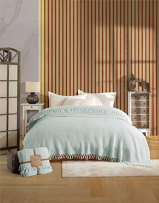 Муслиновий плед покривало з бахромою 200х220см Nil Home Pike М'ятний