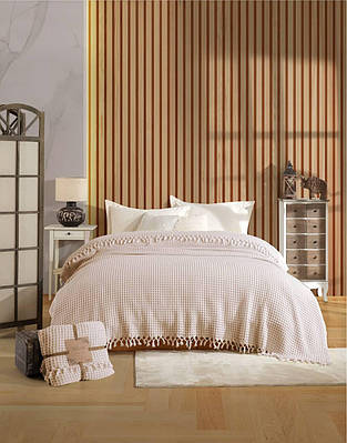 Муслиновий плед покривало з бахромою 200х220см Nil Home Pike пудра