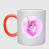 Чашка с принтом хамелеон «Кошка с розовым сердечком» (цвет чашки на выбор)