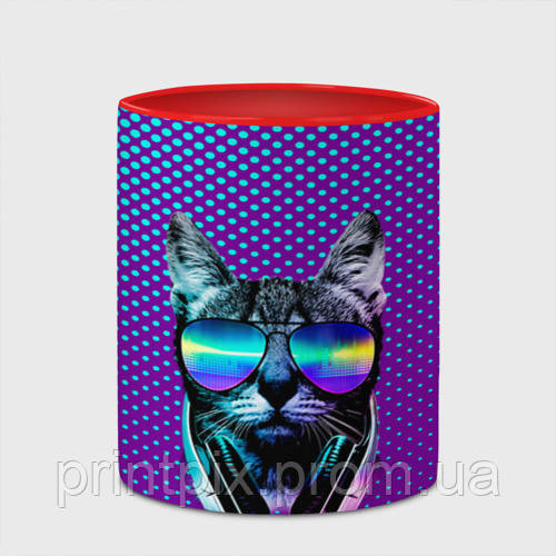 Кухоль з принтом з повним замком «Кіт окуляри навушники модний» (колір чашки на вибір)