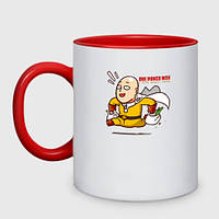 Чашка с принтом двухцветная «Счастливый Сайтама с пакетами продуктов One Punch-Man» (цвет чашки на выбор)