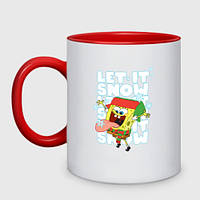 Чашка с принтом двухцветная «Let IT snow Губка Боб» (цвет чашки на выбор)