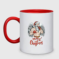 Чашка с принтом двухцветная «Merry Santa christmas - bad angel wings» (цвет чашки на выбор)