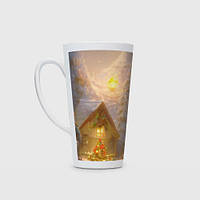 Чашка с принтом Латте «Деревенский бревенчатый дом в лесу, украшенный к Новому году»