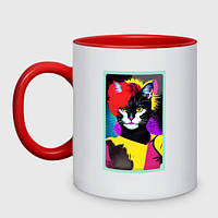 Чашка с принтом двухцветная «Lady cat - pop art - neural network»