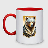 Чашка с принтом двухцветная «Могучий медведь в кожаной куртке»
