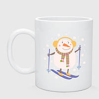 Чашка с принтом керамическая «Снеговик лыжник»