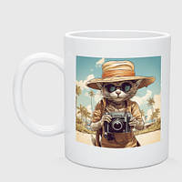 Чашка с принтом керамическая «Кот на пляже с фотоаппаратом»