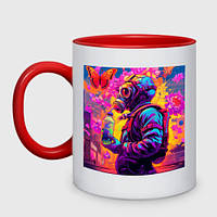 Чашка с принтом двухцветная «Человек в защитном костюме в центре неонового города»