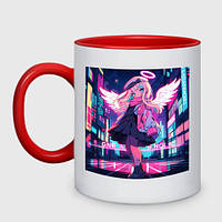 Чашка с принтом двухцветная «Милая аниме девочка-ангел на фоне неонового города»