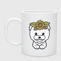 Чашка з принтом керамічний «Бішон фризе цуценя з квітами»