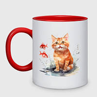 Чашка с принтом двухцветная «Рыжий котенок в луже»