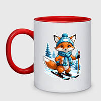 Чашка с принтом двухцветная «Лис спортсмен катается на лыжах в зимнем лесу»