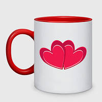 Чашка с принтом двухцветная «Два сердечка с контуром»
