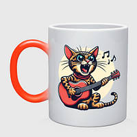 Чашка с принтом хамелеон «Забавный полосатый кот играет на гитаре»