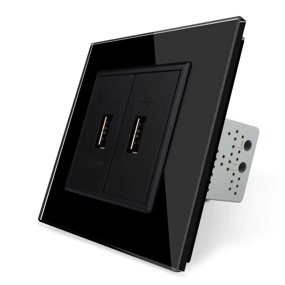 Розетка подвійна USB з блоком живлення Livolo чорний скло (VL-C792U-12)