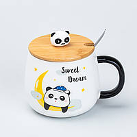 Чашка 450 мл с бамбуковой крышкой и ложкой керамическая Панда "Sweet Dream"