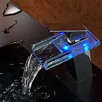 Светодиодный стеклянный водопадный кран для умывальника 3 x RGB подсветка с изменением цвета