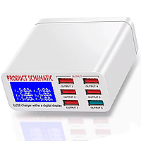 Зарядна станція на 6 USB портів Addap MCS-896, багатопортовий зарядний пристрій з дисплеєм, 40W