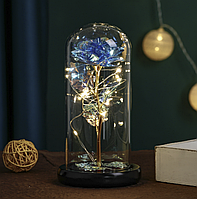 Вечная роза в колбе на батарейках с LED подсветкой Синяя подарок для девушки на Новый год Рождество k/kn