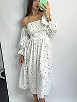 Платье муслиновое XS-S белое, женское платье со спадающими рукавами легкое летнее миди с разрезом на ноге