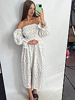 Платье муслиновое XS-S белое, женское платье со спадающими рукавами легкое летнее миди с разрезом на ноге персиковые цветы