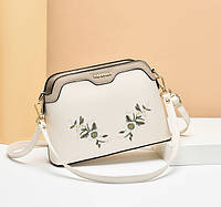 Жіноча міні сумочка клатч з вишивкою маленька смуга на плече з квіточками Білий Sensey
