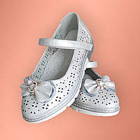 Школьные Туфли белые на платформе для девочки серебро с перфорацией 29(19)32(20,5)