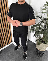 Модный мужской костюм тройка брюки +шорты +футболка, черный стильный демисезонный однотонный костюм с лампасам