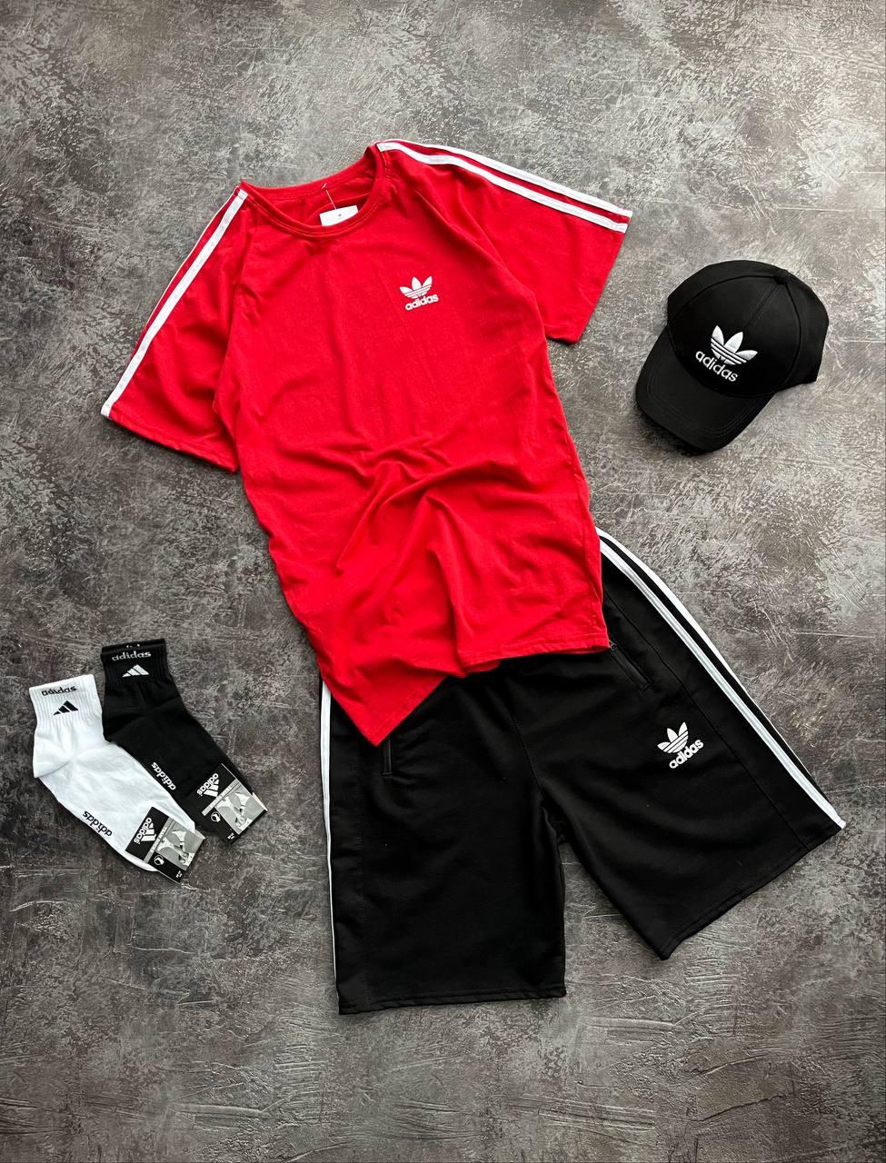 Літній чоловічий спортивний костюм футболка шорти кепка Adidas Red червоний бавовна повсякденний костюм Адідас