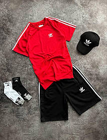 Літній чоловічий спортивний костюм футболка шорти кепка Adidas Red червоний бавовна повсякденний костюм Адідас