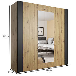 Шафа-купе в спальню Sigma 200 см дуб артизан із вставками чорний супермат дводверний із дзеркалом