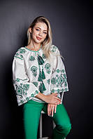 Этническая Вышиванка женская Вышивка гладью узоры, Вышивкой зеленого цвета рукав 3 4 Нарядная Вишитая блузка,